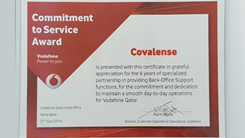 Vodafone Qatar presents Covalense with Commitment to Services Award KPMG (deputed by Vodafone Qatar)