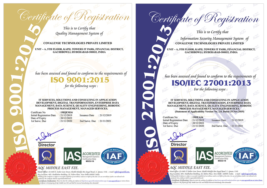 ISO 270012013 ISMS Certification & ISO 90012015 QMS certification Quality Management & Information Security Covalense Global for their outstanding contribution